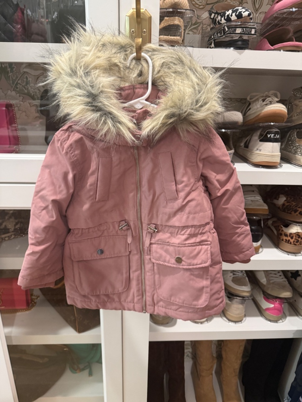 BNWT H&M Pink Faux-Fur Lined Coat with Detachable Hood